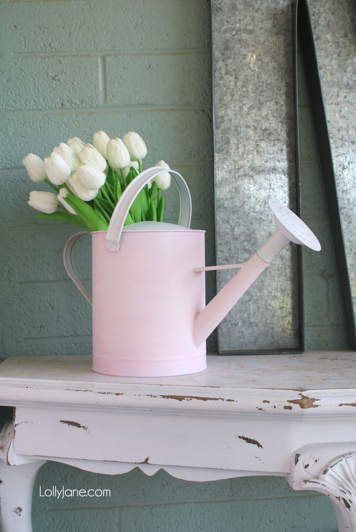 CUTE!! Spruce up a watering can with a bit of paint and these EASY tips! Add some fresh or faux florals for INSTANT spring ambiance! #homedecor #topspringideas #freshspringideas #springhomedecor