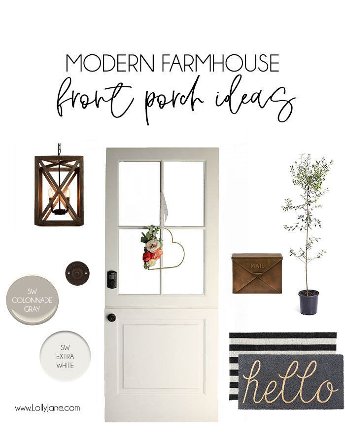 Pretty Modern Farmhouse Front Porch Ideas. Such a pretty mood board + sources tagged! #modernfarmhouse #frontporch #farmhouse 