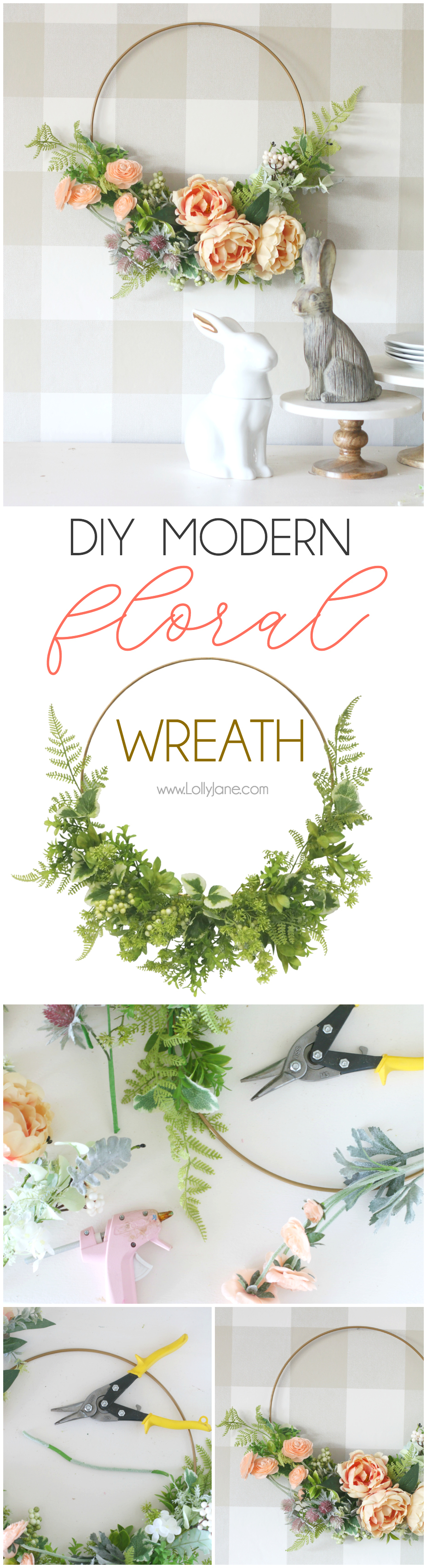 GORGEOUS DIY Modern Floral Wreath. Em menos de 10 minutos você pode cumprimentar sua casa com uma coroa fácil feita à mão que grita, bem-vindo Primavera! # diy #springdecor #springwreath #handmade