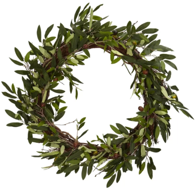 Love this olive branch wreath, so pretty! The perfect farmhouse wreath decor idea! #wreath #farmhouse #farmhousewreath #olivebranch #olivebranchwreath