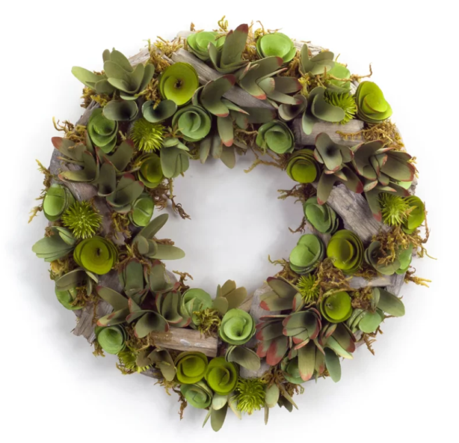 Have you ever seen a succulent wood wreath? So pretty! The perfect farmhouse wreath! #succulent #wreath #farmhousewreath #succulentwood #woodwreath