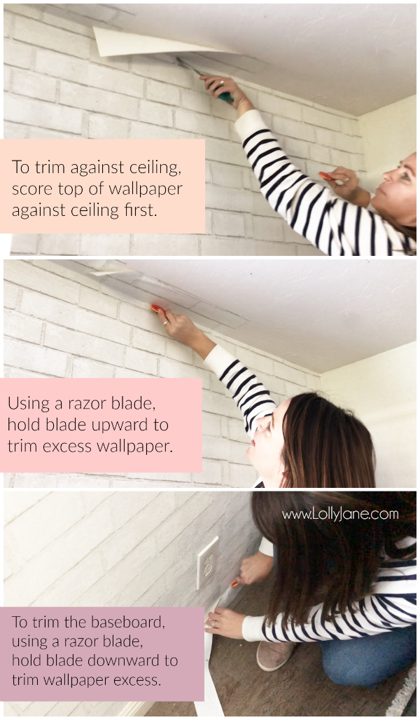 How to trim untrimmed wallpaper. Check out how step by step tutorial to apply peel and stick wallpaper. Lots of tips and problem solving solutions. #wallpaperdiy #peelandstickwallpaper #howtotrimwallpaper #wallpaperpeelandstick