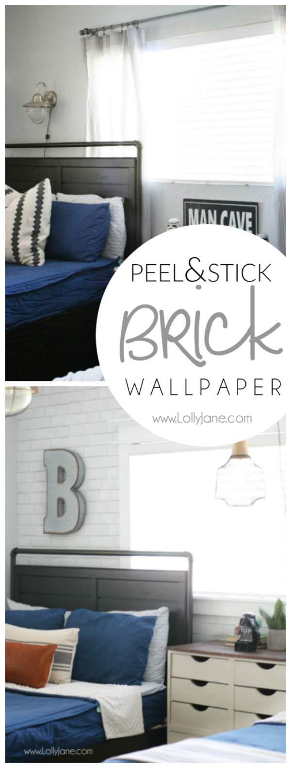 Peel and stick brick wallpaper makeover, such a fun accent wall! Love this affordable accent wall decor idea using removable wallpaper. #peelandstick #wallpaper #wallpapertutorial #diywallpaper #accentwall