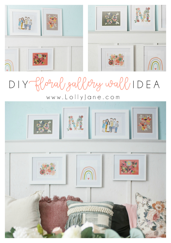 Love this easy DIY floral gallery wall with print at home pictures and prints, so easy. Love this colorful home decor! #gallerywall #homedecor #diy #familyroom #walldecorations