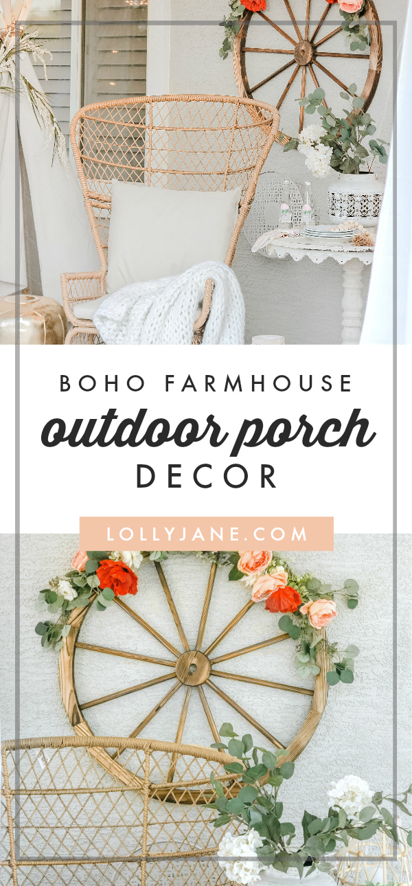 Oh myyy! Love this DARLING easy-to-copy Boho porch with a touch of Farmhouse! #farmhousestyle #boho #bohostyle #porch #patiodecor