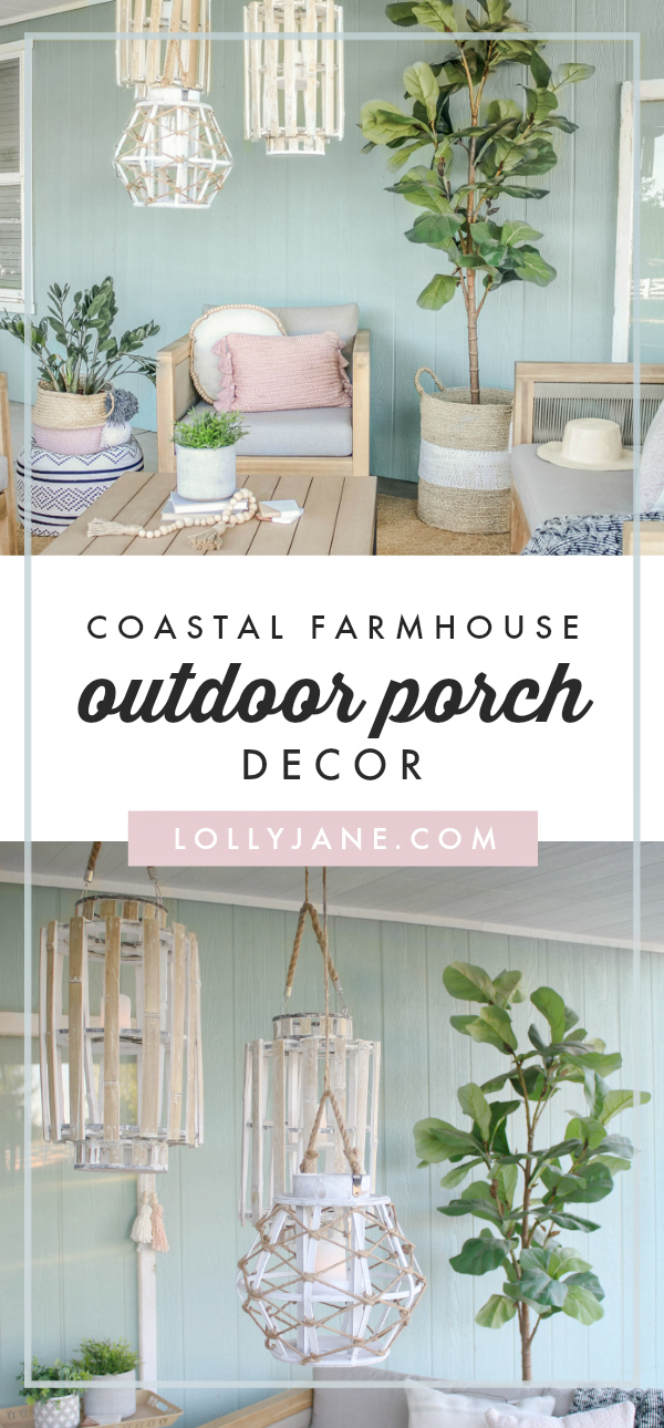 Oh myyy! Love this DARLING easy-to-copy Coastal porch with a touch of Farmhouse! #farmhousestyle #coastal #coastalstyle #porch #patiodecor