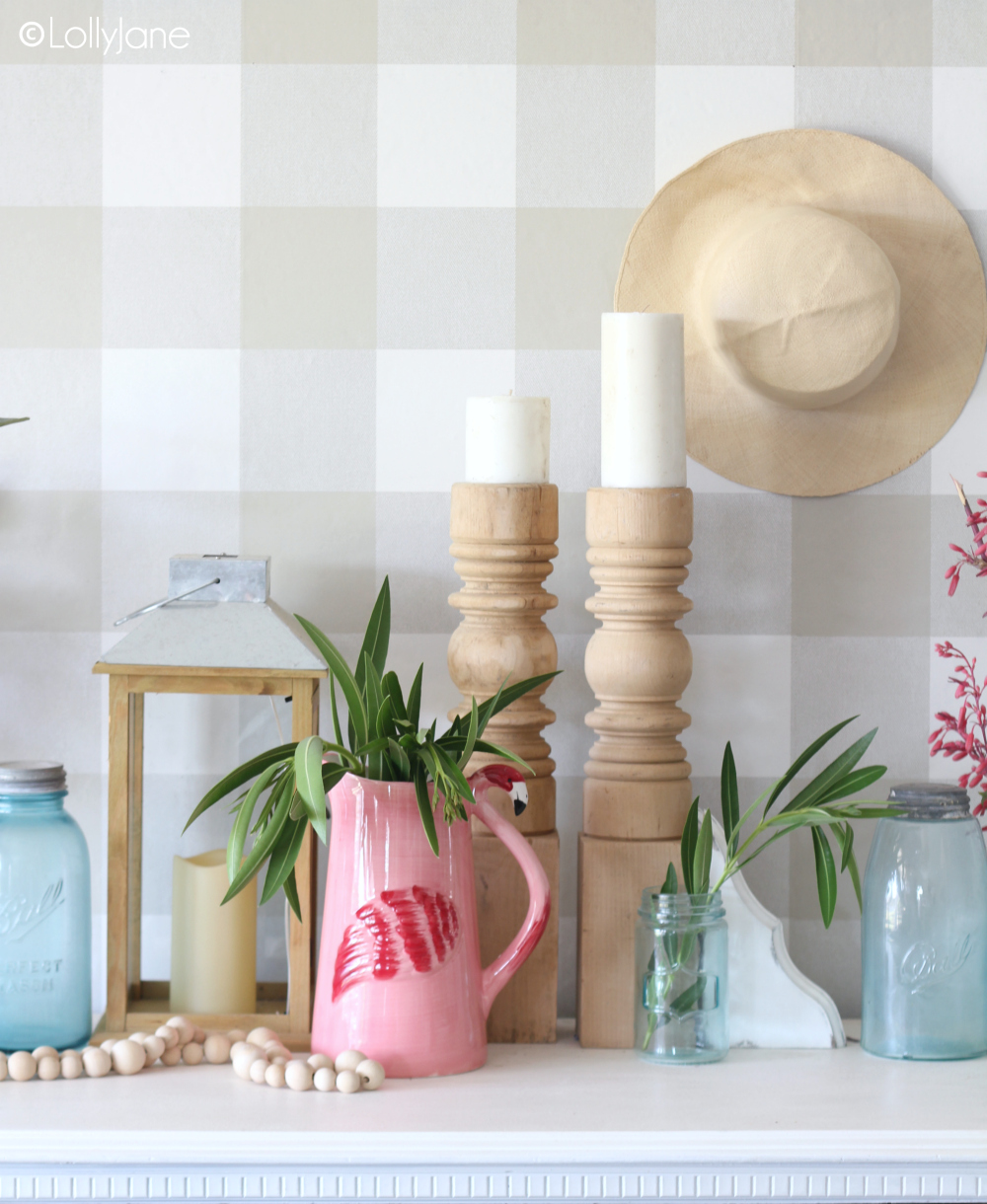 Ideas for how to decorate a simple summer mantel! #summer #summermantel #summerdecor