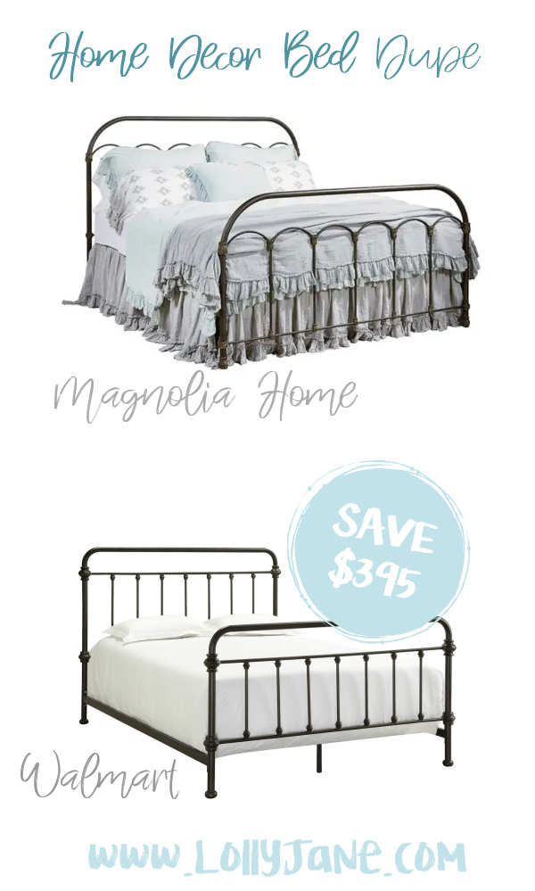 Save nearly $400 with this cute Walmart metal bed compared to Magnolia Home's expensive bed! Love this farmhouse bed frame, such a cute fixer upper style bed for less! #beddupe #fixerupper #magnoliastyle #magnoliahome #walmartfinds #blackbed #farmhousedecor