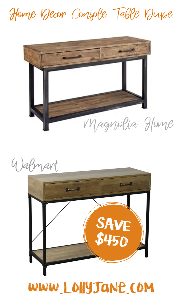 Save a whopping $450 with this cute Walmart wood and metal console table compared to Magnolia Home's expensive side table! Love this farmhouse console table, such a cute fixer upper style side table for less! #sidetabledupe #consoletabledupe #fixerupper #magnoliastyle #magnoliahome #walmartfinds #farmhousetable #farmhousedecor