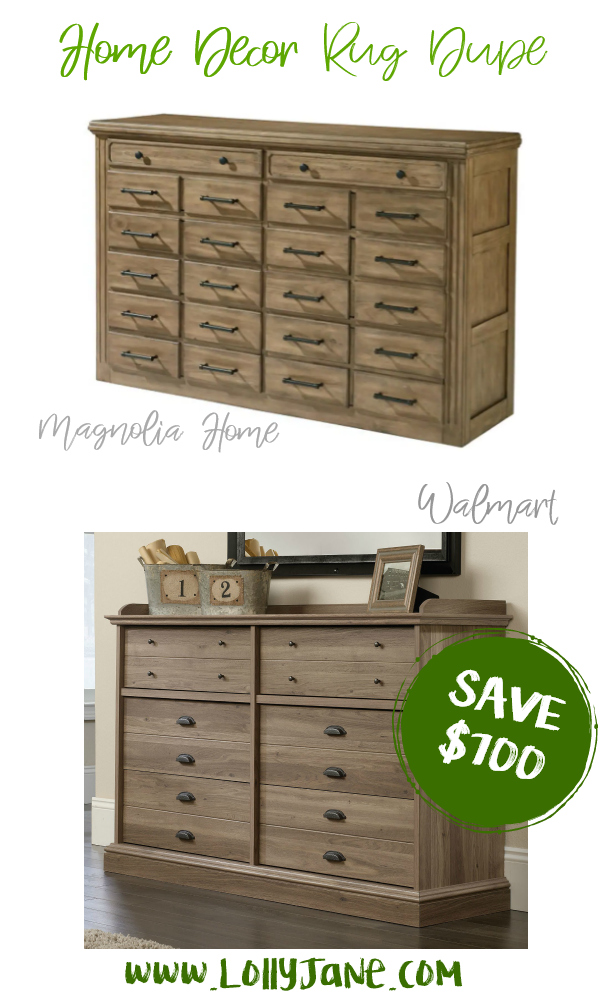 Save over $700 with this cute Walmart dresser compared to Magnolia Home's expensive dresser! Love this farmhouse dresser, such a cute fixer upper style dresser for less! #dresserdupe #fixerupper #magnoliastyle #magnoliahome #walmartfinds #farmhousedresser #farmhousedecor