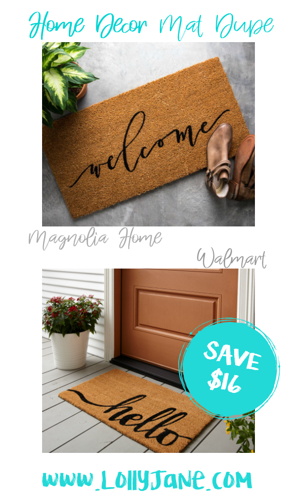 Save over $16 with this cute Walmart front door mat compared to Magnolia Home's more expensive mat! Love this farmhouse mat, such a cute fixer upper style mat for less! #matdupe #fixerupper #magnoliastyle #magnoliahome #walmartfinds #farmhousemat #farmhousedecor