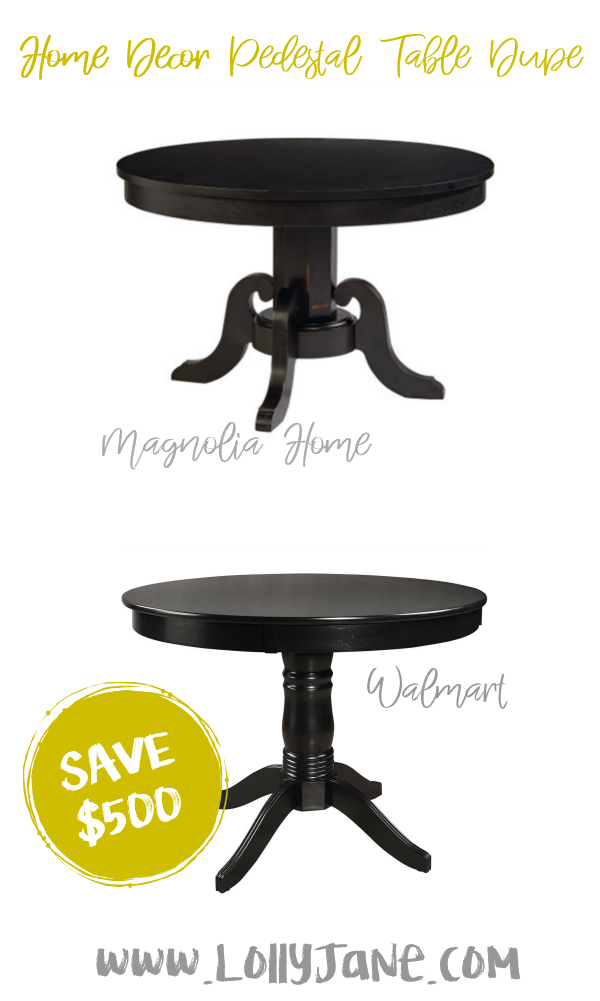 Save over $500 with this cute Walmart pedestal table compared to Magnolia Home's expensive dining table! Love this farmhouse pedestal table, such a cute fixer upper style table for less! #pedestaltabledupe #fixerupper #magnoliastyle #magnoliahome #walmartfinds #farmhousepedestaltable #farmhousedecor