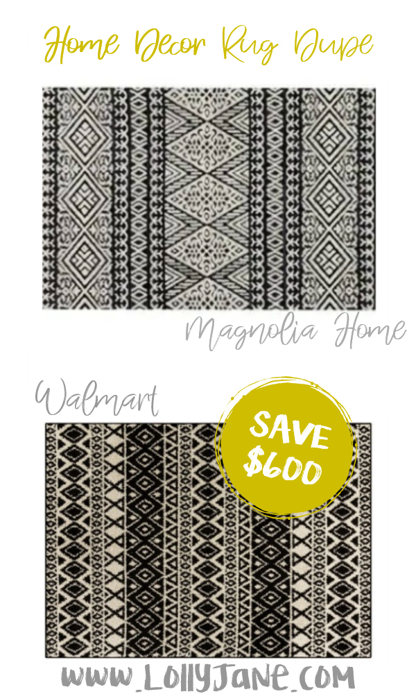 Save over $600 with this cute Walmart tribal rug compared to Magnolia Home's expensive area rug! Love this farmhouse rug, such a cute fixer upper style rug for less! #rugdupe #fixerupper #magnoliastyle #magnoliahome #walmartfinds #blackwhiterug #farmhousedecor