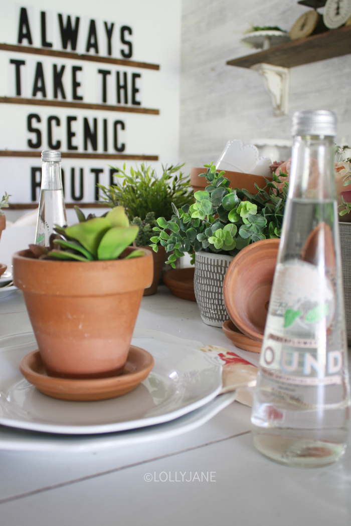 Loving this succulent table centerpiece to create pretty summer table decorations without spending a lot of money. Love this summer decor using a handful of natural terracotta pots and faux succulents. #summerdeocor #summertabledeocor #summertabledecorations #summercenterpieces #summertablescapes