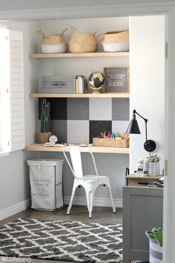 Whip up a modern farmhouse bulletin board in no time with the help of these versatile felt tiles-- just peel, stick, and hang! SO easy!