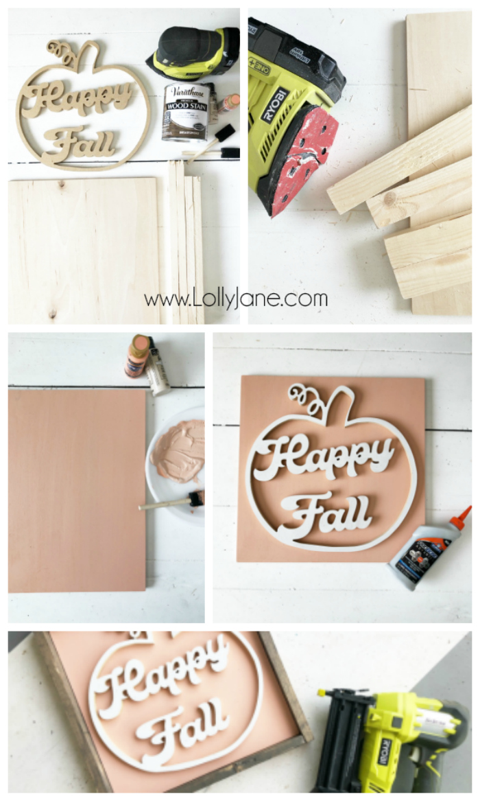 Love this pumpkin happy fall wood cutout sign! SO CUTE! Such a fun way to decorate for fall with fresh colors. Learn to make this sign! #diyfallsign #happyfall #happyfallwoodsign #woodpumpkin #pumpkincutout #diysign #diyfallsign