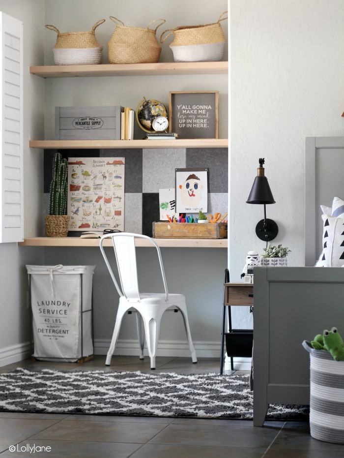 Whip up a modern farmhouse bulletin board in no time with the help of these versatile felt tiles-- just peel, stick, and hang! SO easy!