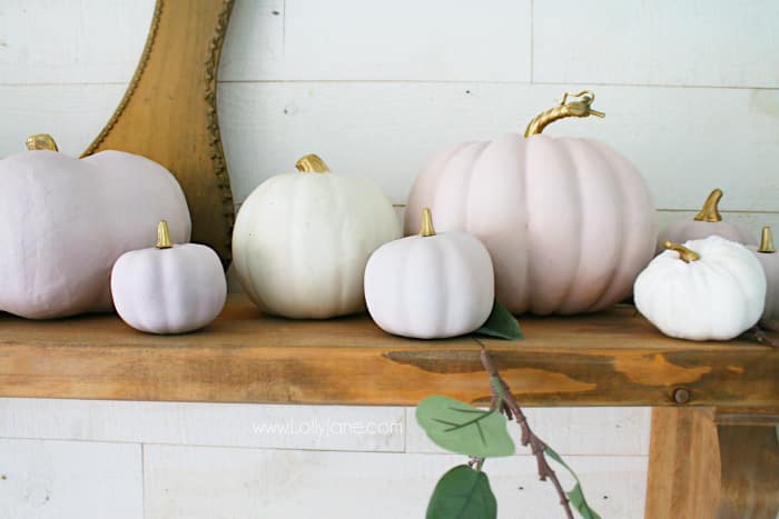 DIY chalk paint pink pumpkins fall decor. Love this easy to put together mantel with soft colors and non-traditional fall colors. #fall2019 #fallmantel #falldecor #falldecorations #pinkpumpkins #chalkpaintpumpkins