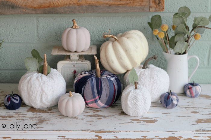 EASY Fall Craft! Use an old sweater or flannel to cover a pumpkin then add a stem for instant fall decor! #diy #falldecor #falldecorations #DIYpumpkin