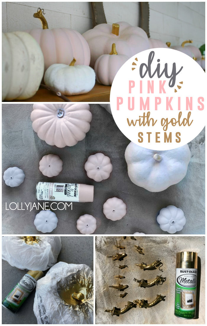 Is there anything cuter than pink pumpkins? Nope, there really isn't! Follow this easy DIY for painted pink pumpkins with glitter gold stems. Add a dozen or so to a mantle with eucalyptus leaves for a soft fall mantel decor look this season. #falldecor #pinkpumpkin #pinkpumpkins #paintedpinkpumpkins #howtospraypaintpumpkins #spraypaintedpumpkins