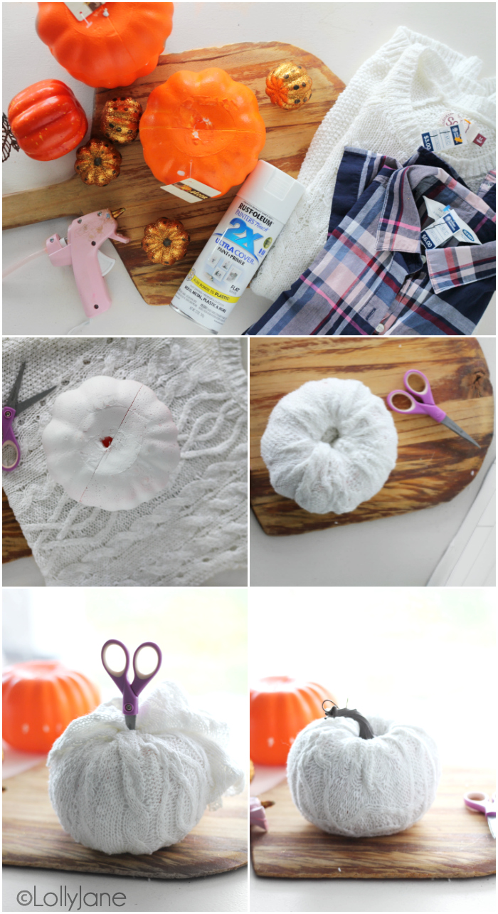 CUTE!!! Easy DIY Sweater + Flannel Pumpkins, so fun for fall! #diy #pumpkincraft #falldecor #falldecorations