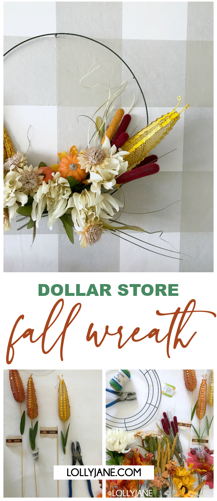 Cutest dollar store fall wreath, super easy to make and less than $10!! #fallcraft #dollarstorecrafts #diy #hoopwreath #wreath #homedecor