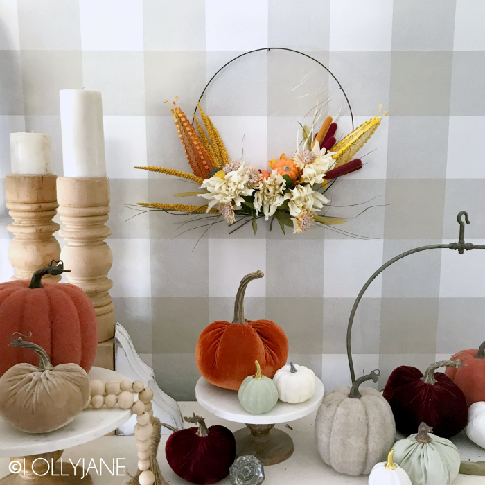Super Easy-To-Make Dollar Store Hoop Wreath, perfect for FALL and super affordable! #diy #homedecor #fallwreath #wreath #dollarstorecrafts