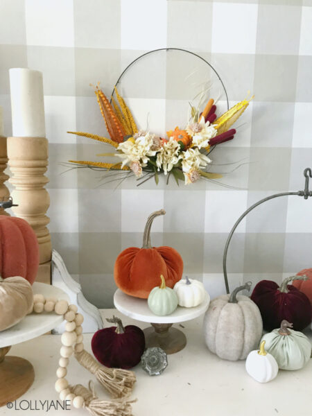 Easiest ever to make Fall Hoop Wreath... and ALL of the items are from the DOLLAR STORE! Wow!! #dollarstorecrafts #diy #homedecor #falldecor #wreath