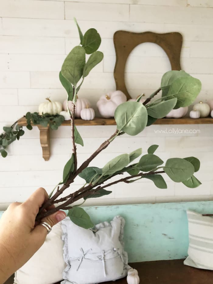 Looking for a natural fall mantel decor? Add greenery to compliment your white and pink pumpkins. Love these eucalyptus leaves paired with pumpkins for easy fall mantel decor. #falldecor #fallmantel #falldecorating #eucalyptusmantel #naturalmanteldecor