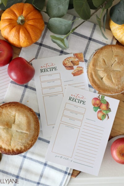 Gorgeous FREE printable fall recipe cards, perfect to print and pass along with your favorite autumn foods! #freeprintable #printable #recipecard #printablerecipecards