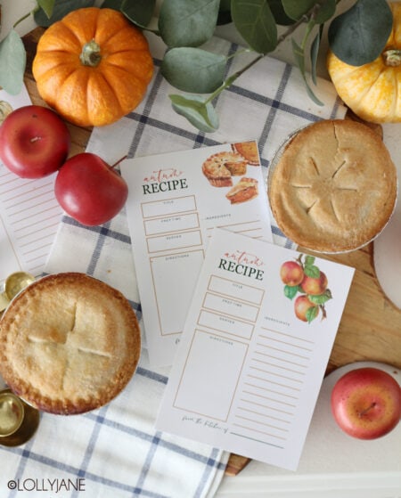 Gorgeous FREE printable fall recipe cards, perfect to print and pass along with your favorite autumn foods! #freeprintable #printable #recipecard #printablerecipecards