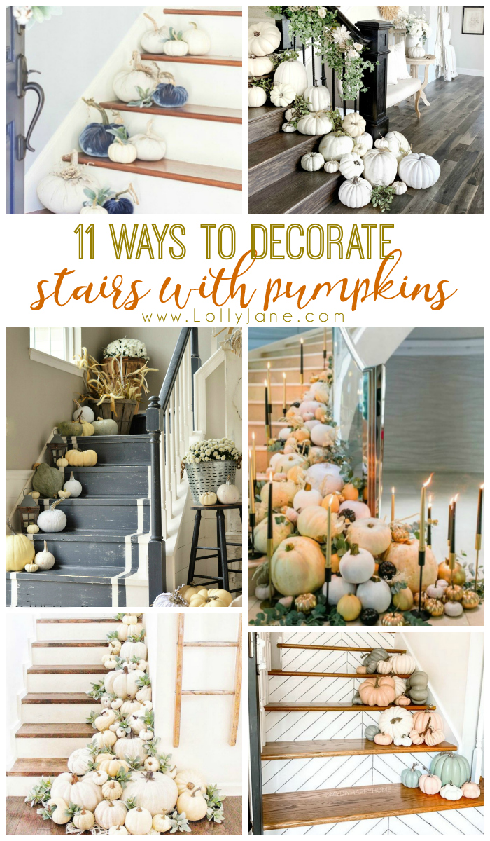 11 ways to decorate stairs with pumpkins! Get inspired this fall season with lots of ways to spruce up your stairs and welcome guests into your home. #pumpkindecor #waystodecoratestairsforfall #pumpkindecoratingideas #stairfalldecor #falldecorations