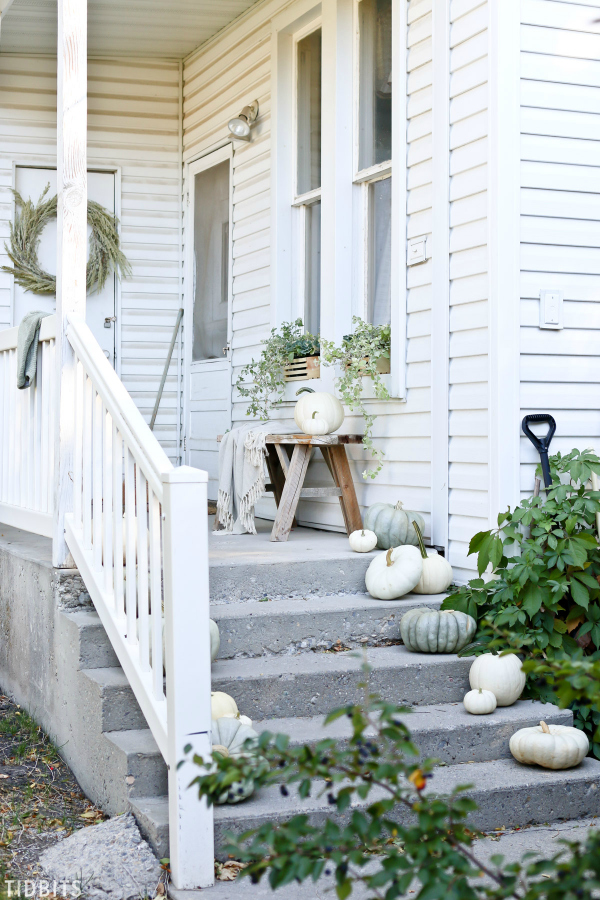 Love these white and green pumpkins that make beautiful natural fall porch decorations. #oudoorfalldecor #porchdecorations #whitegreenpumpkins #naturalfalldecor #falldecor #falldecoations #fallporchdecorideas