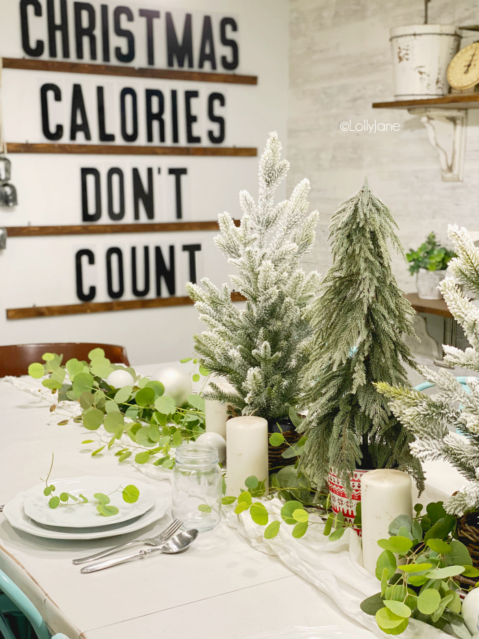Christmas centerpiece ideas to inspire you all season long! Add eucalyptus leaves to your table to create simple Christmas decor! #christmasdecor #christmastablescape #christmascenterpiece #seasonaldecor