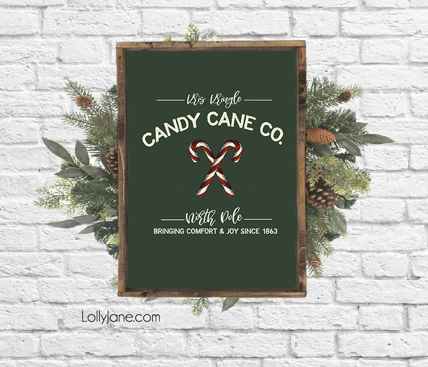 Darling FREE "Kris Kringle Candy Cane Co." printable art to display on your mantel, use as a card, or making into a bunting! #freeprintable #christmasdecor #christmasdecoration #candycane #christmasart #christmasprintable