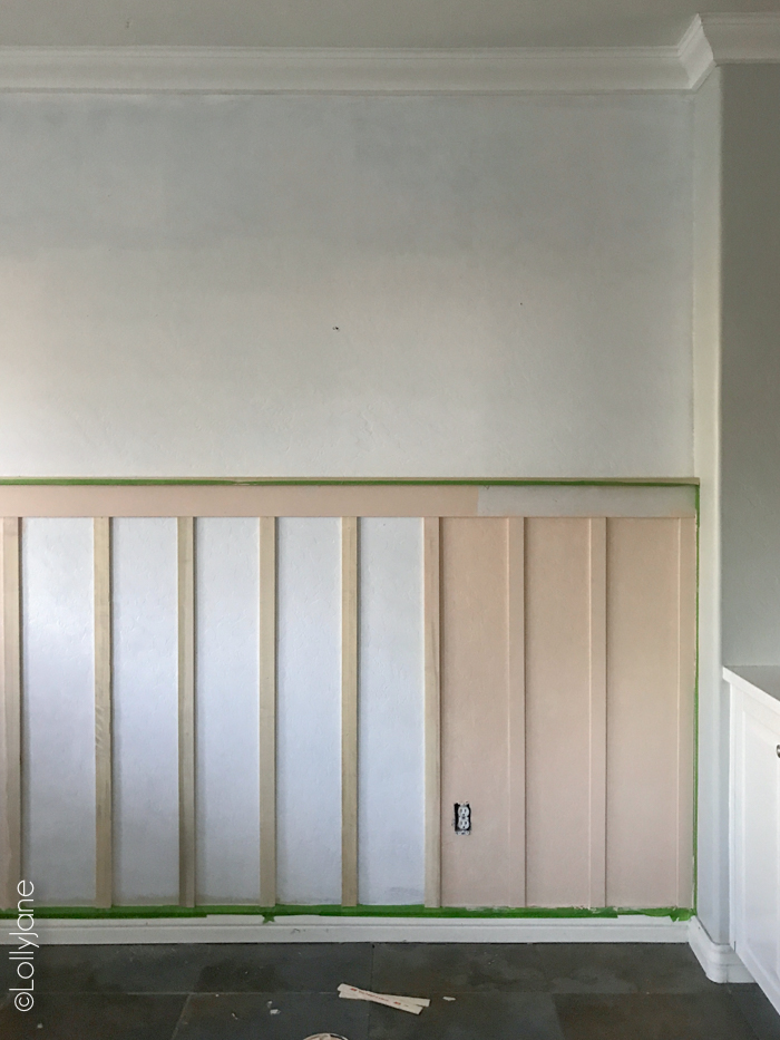 WOW! Look at this transformation, click to see the reveal. It's gorgeous-- gotta love the power of paint! #diy #boardandbatten #walltreatment #pinkwall