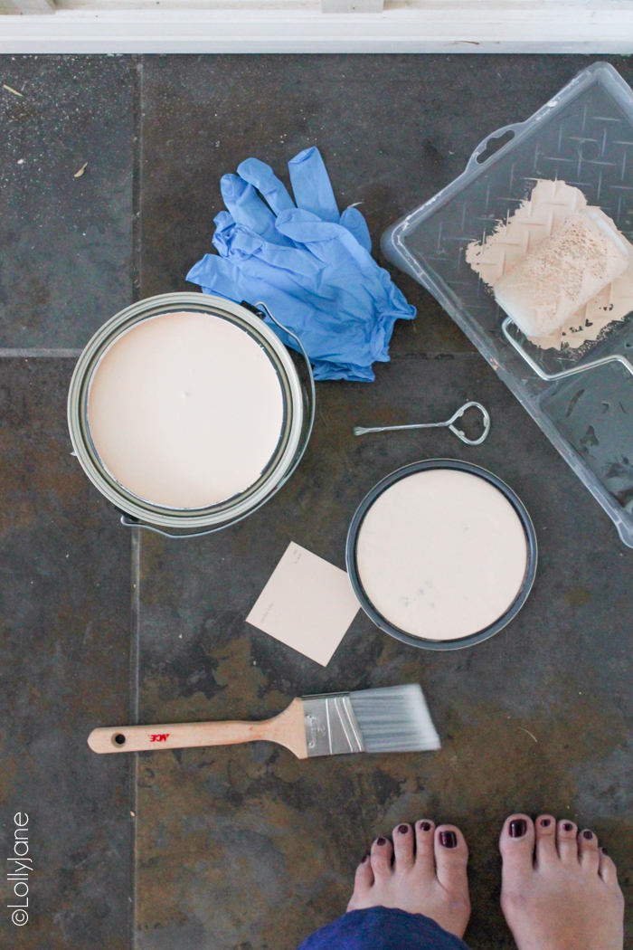 Get ready to transform this space! Gathering supplies to paint the most gorgeous board and batten wall treatment! Wait until you see the REVEAL and color it is. Stunning! #diy #boardandbatten #walltreatment #pinkwall