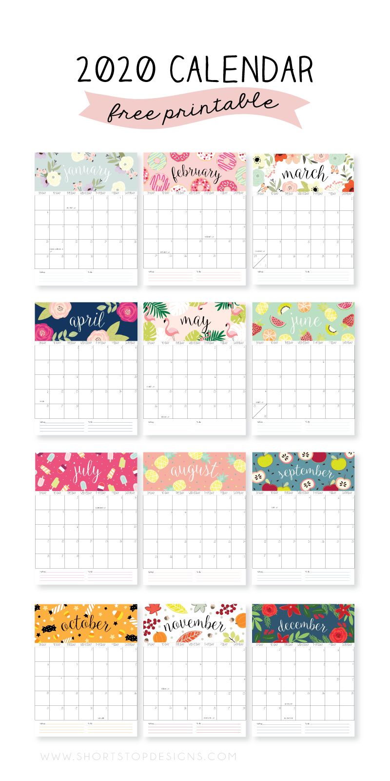 FREE Colorful Floral Style Printable 2020 Calendar PLUS a roundup of 50+ more styles! #2020calendar #freeprintable #printablecalendar