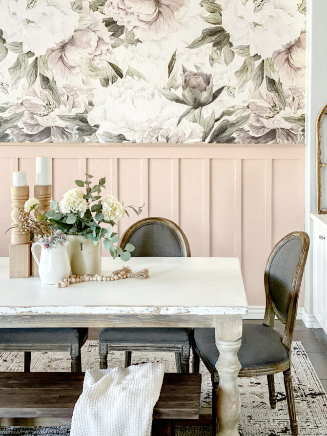 Gorgeous pink board & batten, easy how-to ahead! Get it done for $100 in one day! Installing a dreamy modern farmhouse light to showcase this space, love it! #diningroom #diningroomdecor #christmasdecor #christmasdecorations #kirklands #christmas #easydecorations