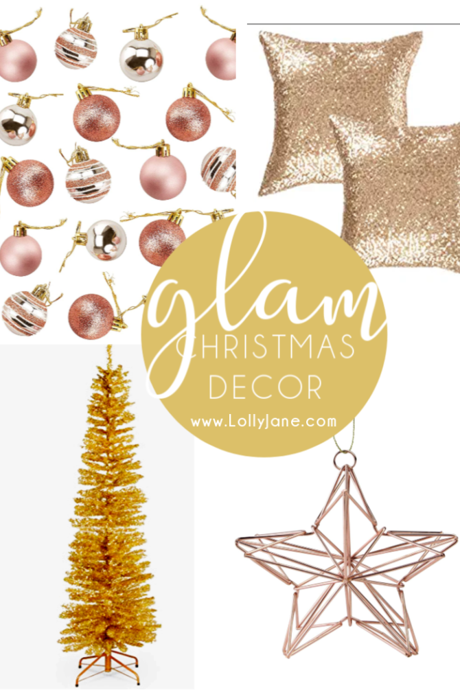 All about that glam! Check out these pretty gold and rose colored glam Christmas decorations to make your holiday season sparkle! #glamchristmas #goldchristmasdecorations #christmasdecor #glamdecor #glamchristmasdecor