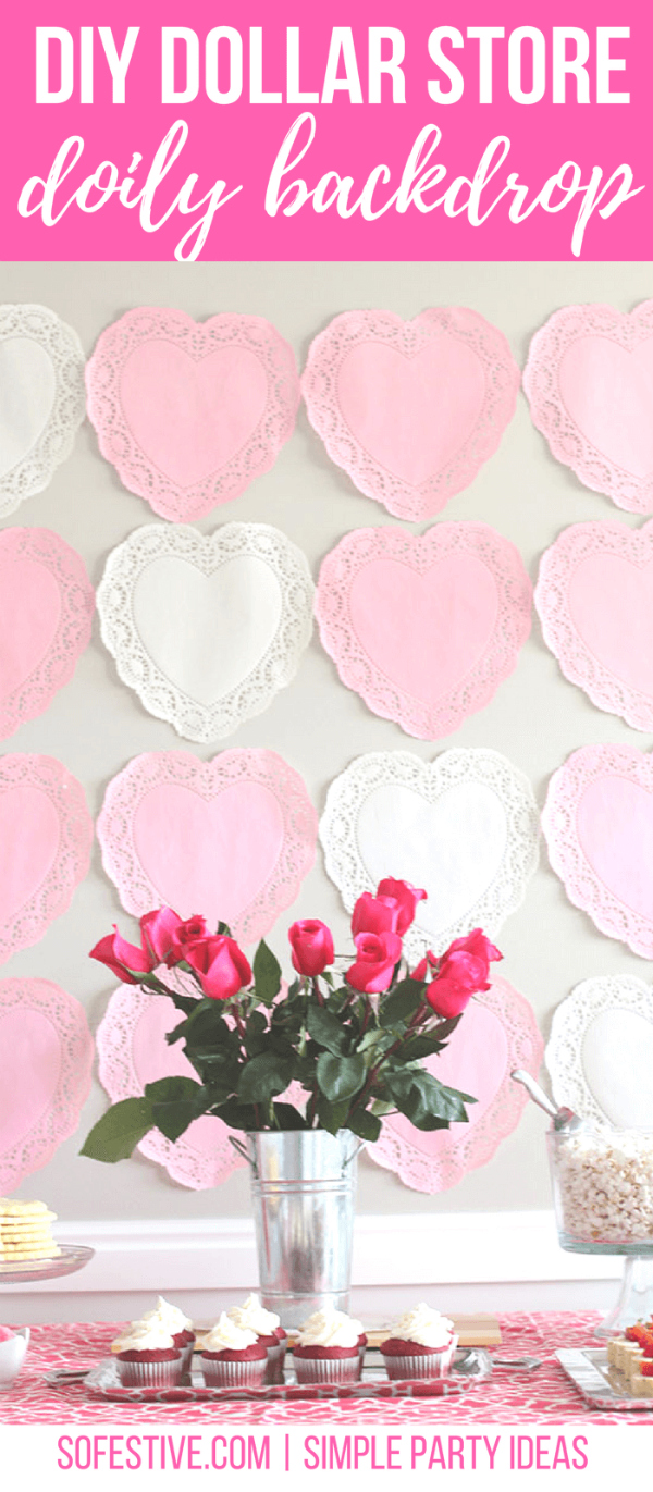 Create this DIY Dollar Store Valentines Day Doily Backdrop with doilies and gift wrap tape! Easy holiday decor at its finest! #dollarstorecraft #valentinesdaycraft #vdaydecor #doilybackdrop #valentinesdaybackdropideas