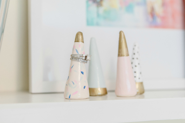 Looking for a handmade Galentines Day gift? These diy clay ring cones are so cute! Such pretty ring holders that your gal pal will always cherish! #galpalgifts #galentinesdayidea #galentinesdaygift #handmadegifts