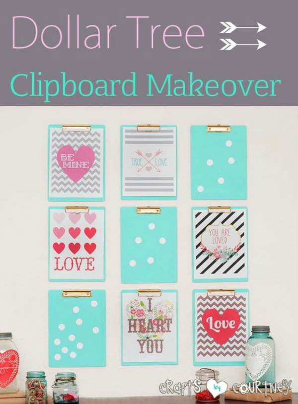 Make these Dollar Store Valentines Day Clipboard Wall Decor with clipboards and paint! Add free prints to create easy holiday wall decor! #vdaycraft #easywalldecor #valentinesdaycraft #valentinesdaywallart #dollarstorecraft