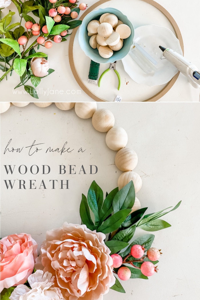 How to easily make a wood bead wreath! SO CUTE! Love this trendy wood bead floral wreath, follow this tutorial to make your own! #woodenbeadwreath #woodbeadwreath #woodbeadfloralwreath #diy #howto #frontdoorwreath
