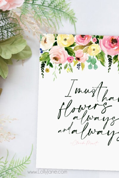 Gorgeous FREE Spring Flowers Printable Art! Love this quote by Claude Monet, and now YOU can keep it displayed all year! #freeprintable #printableart #springart #spring #springhomedecor #claudemonet