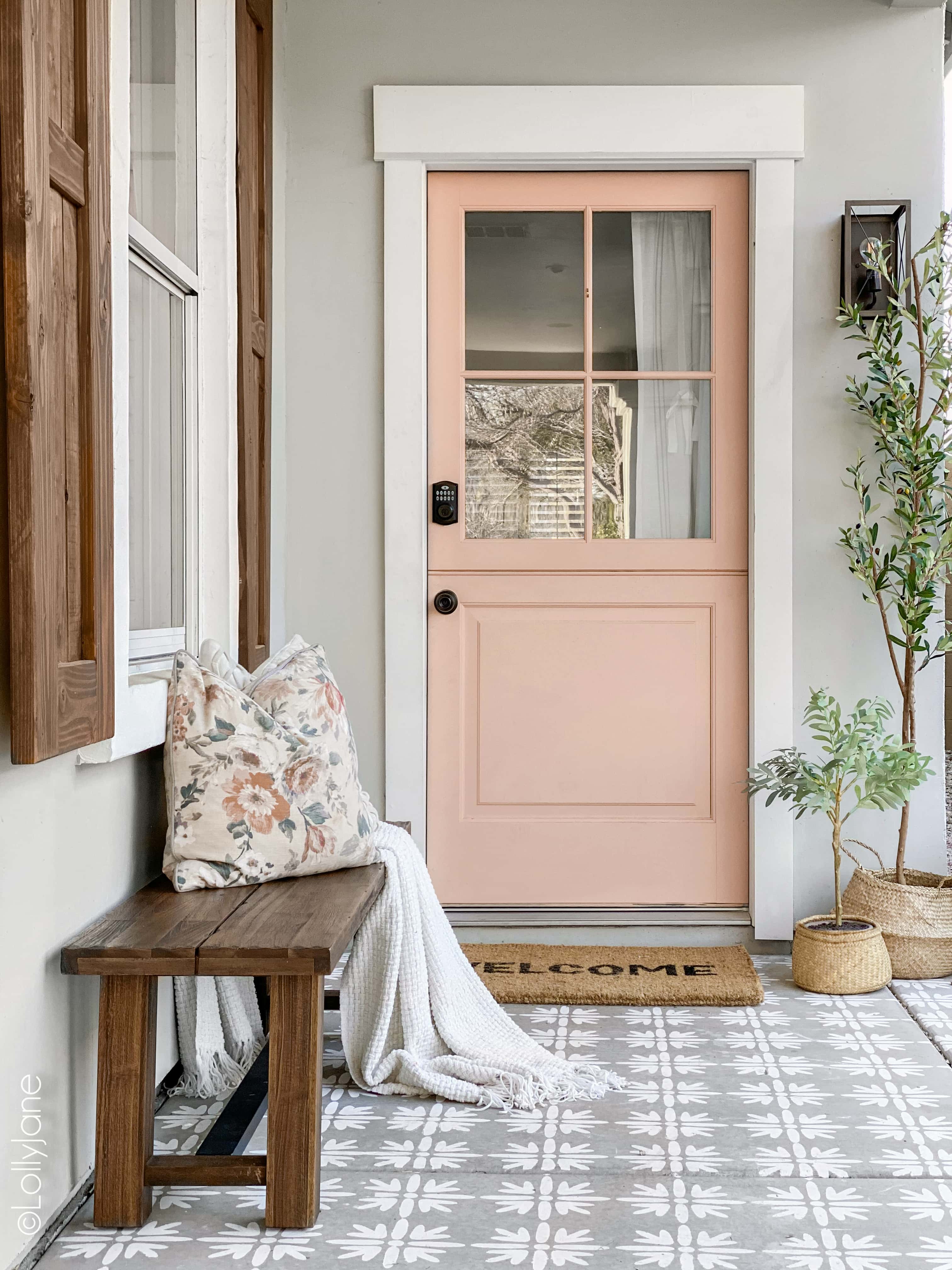 GORGEOUS Front Porch Makeover, check out the before-- WOW! Classic craftsman style home with a pop of pink, so good! #diy #stencil #Dutchdoor #pinkdoor #makeover #porchdecor #porchmakeover