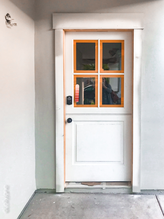 HOLY cow! Go see the amazing AFTER of this newly installed Dutch door and simple porch makeover! #diy #stencil #Dutchdoor #pinkdoor #makeover #porchdecor #porchmakeover