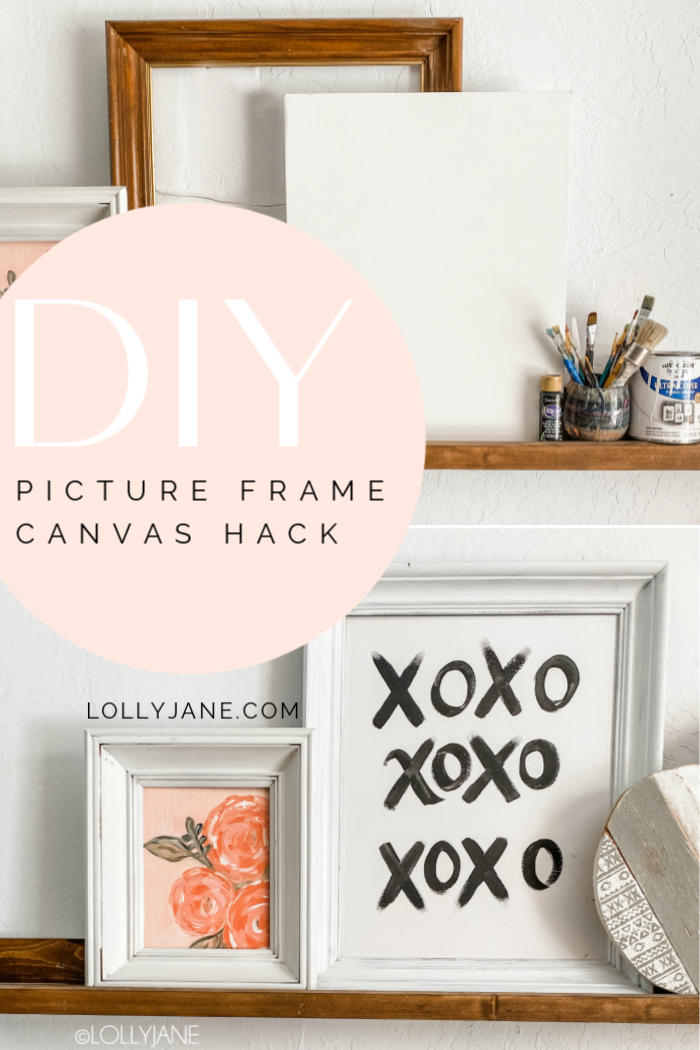 Looking for an inexpensive way to frame a canvas? Check out this picture frame canvas hack to create affordable art! Cute mantel decor! #canvashack #diycanvasframe #framedcanvas #easycanvasframe #pictureframehack #thriftpictureframe