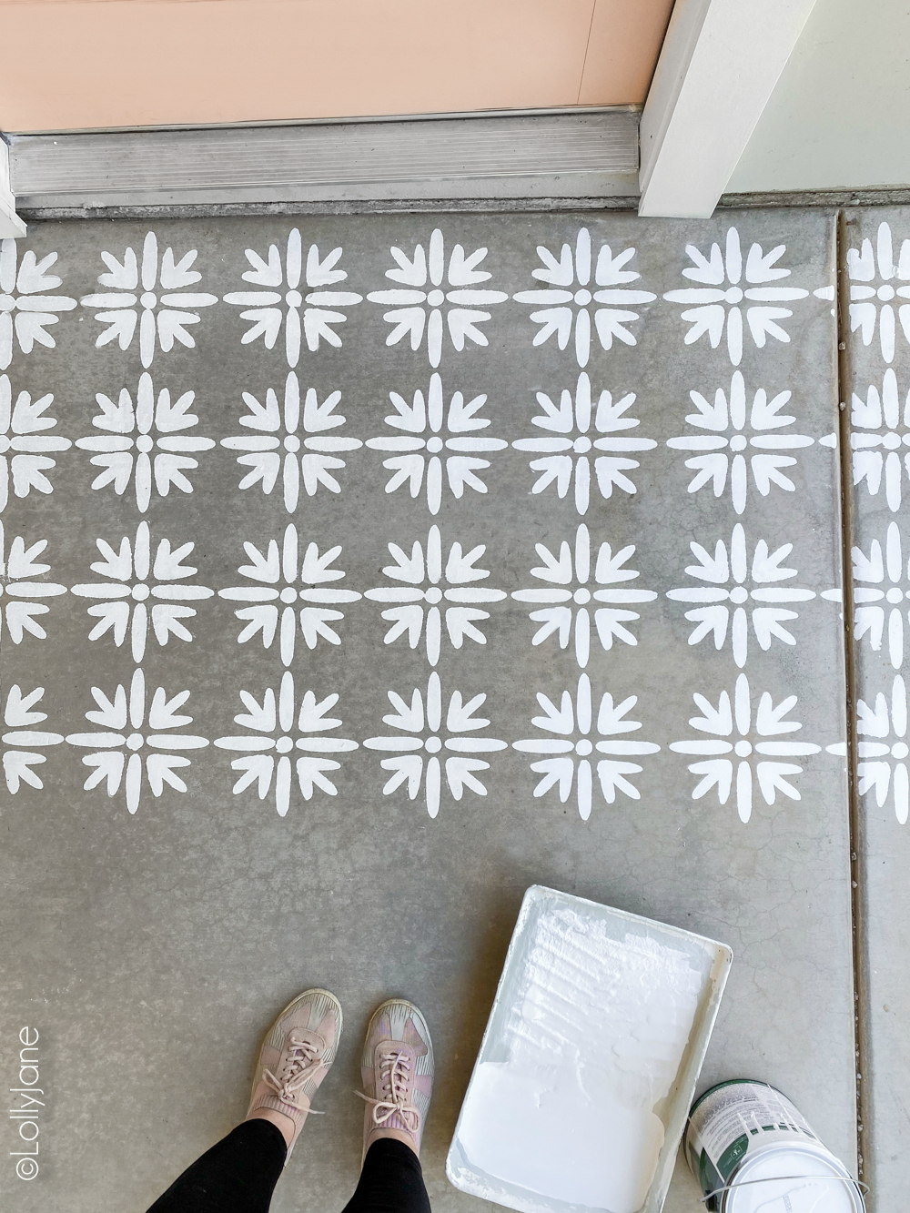 DIY Stencil, what! WOW! Check out the stunning "AFTER" of this easy DIY! #diy #stencil #stencilfloor #paintedconcrete #frontporch #makeover