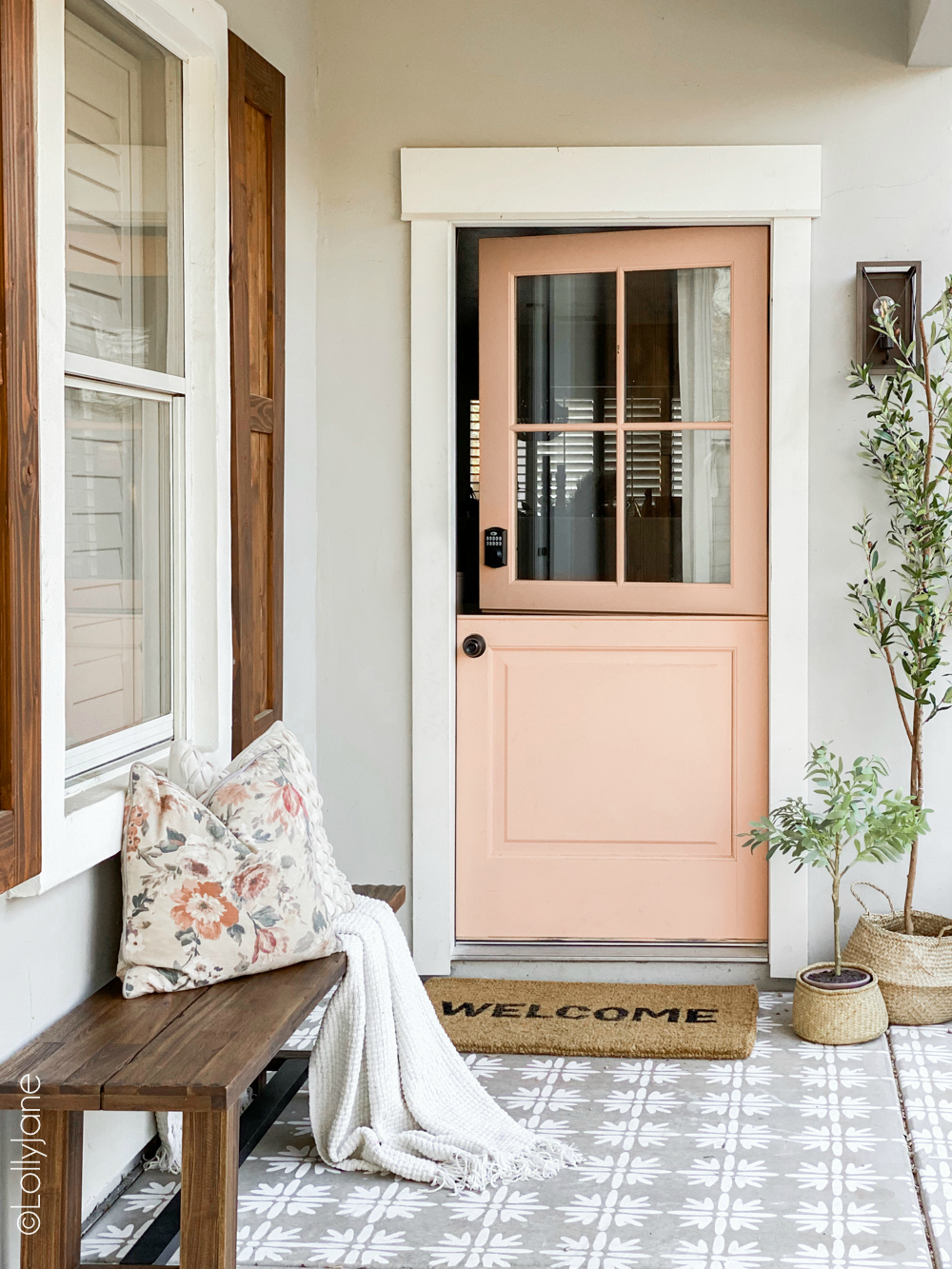 Spruce up a builder grade craftsman style home with these easy changesa DIYer of any level can do! Check out the before-- WOW! #diy #stencil #Dutchdoor #pinkdoor #makeover #porchdecor #porchmakeover